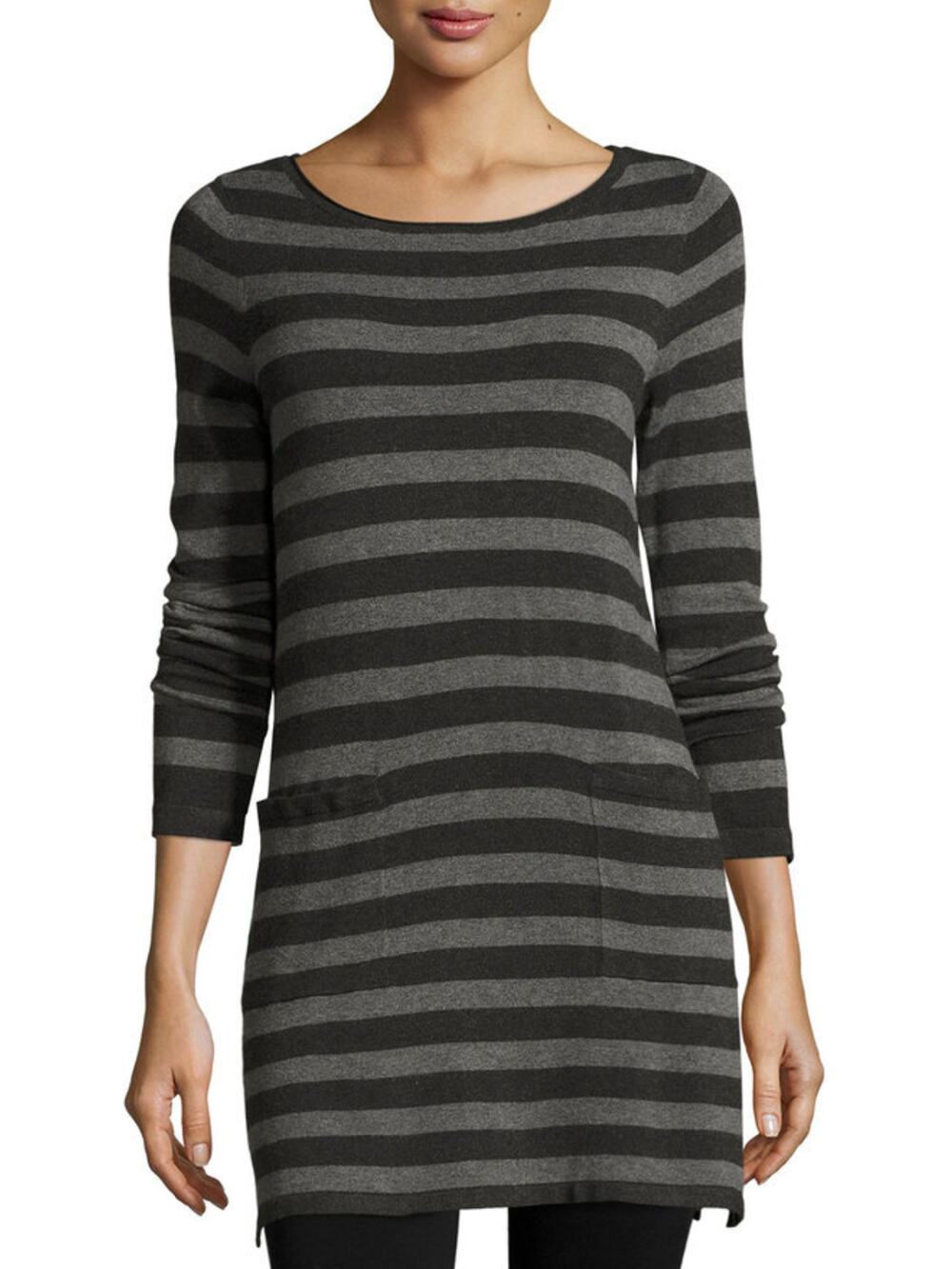 Eileen Fisher Long Sleeve Striped Tunic Womens XS Gray Black Pockets Lagenlook